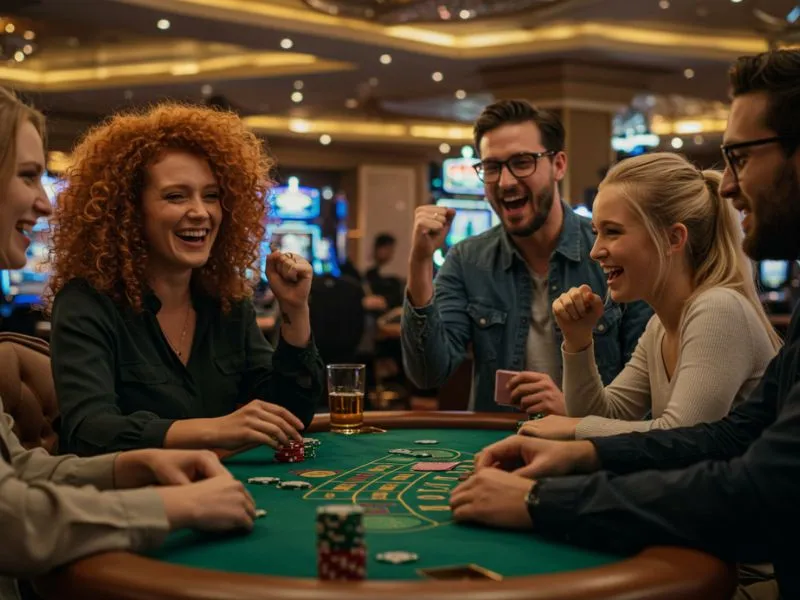 Friends cheering while playing on the Manny Pacquiao Online Casino App.