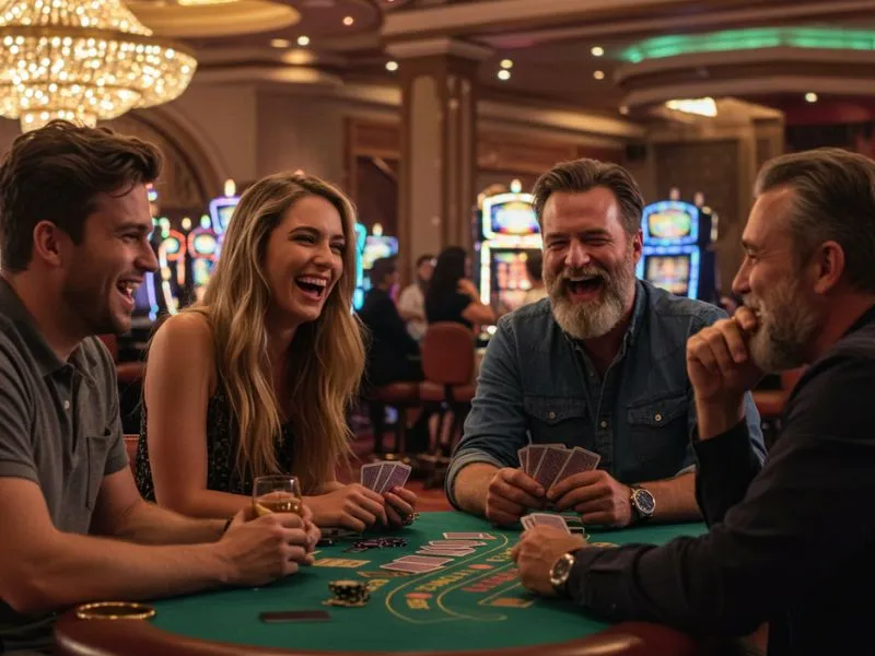Friends enjoying the Manny Pacquiao Online Casino App while playing and laughing together.