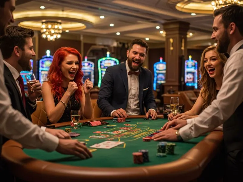 Group of friends happily playing poker at Manny Pacquiao Online Casino.