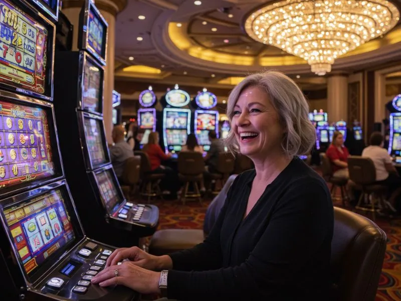 Elderly woman enjoying slot games at Manny Pacquiao Online Casino.