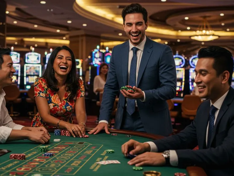 Happy woman in floral dress laughing and playing poker while doing mwplay888 online casino log in.