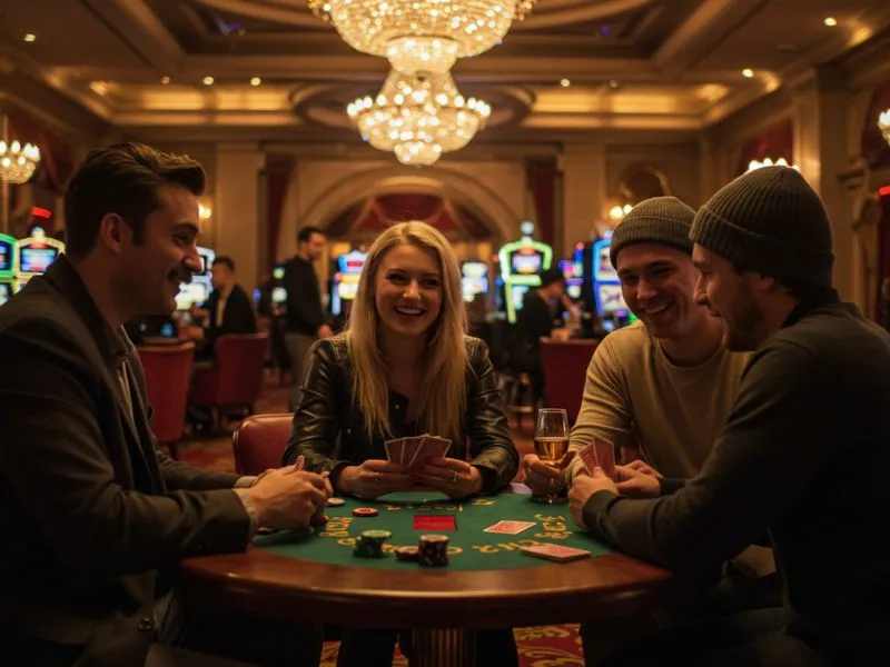 A woman winning a poker game against male friends while enjoying mwplay888 online casino log in, highlighting a secure and fun gaming experience.