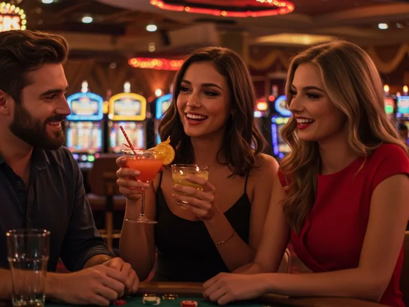 A group of friends drinking and playing poker together, having fun at nn777 online casino