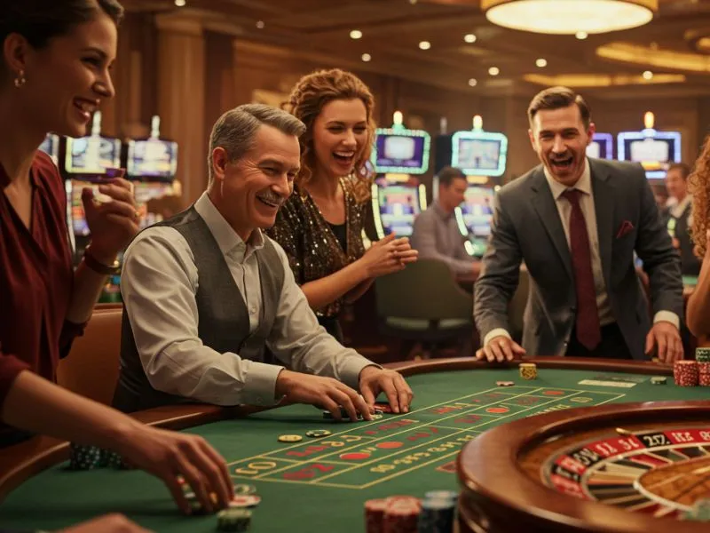 Happy elderly man winning at roulette table on nn777 online casino, celebrating his exciting online casino victory.