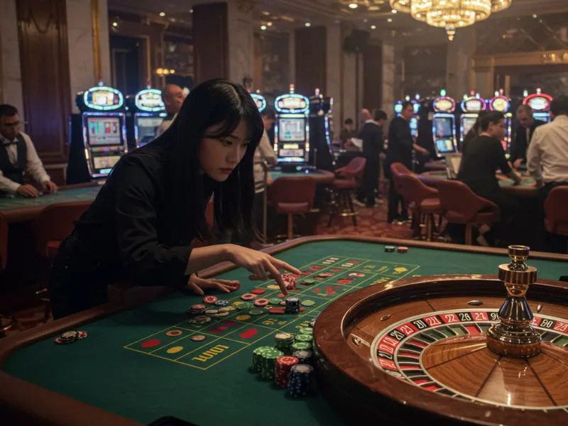 Young lady carefully analyzing the roulette game at nn777 online casino, planning her strategy for a safe and thrilling online gaming session