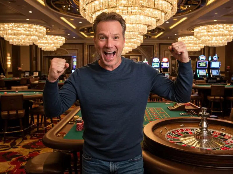 Happy man celebrating a big win while playing at Okada Online Casino on his laptop