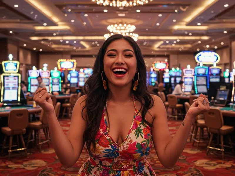 Happy woman celebrating her big win while playing at Okada Online Casino