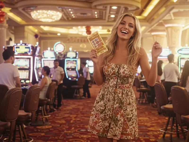 Pretty lady smiling and holding a casino ticket at Okada Online Casino