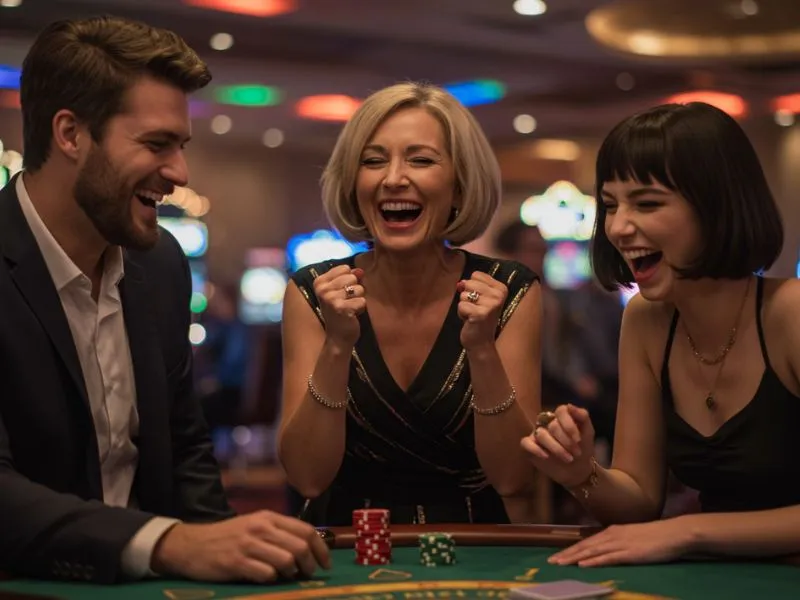 Old woman happily winning a poker game at an online casino with free signup bonus real money.
