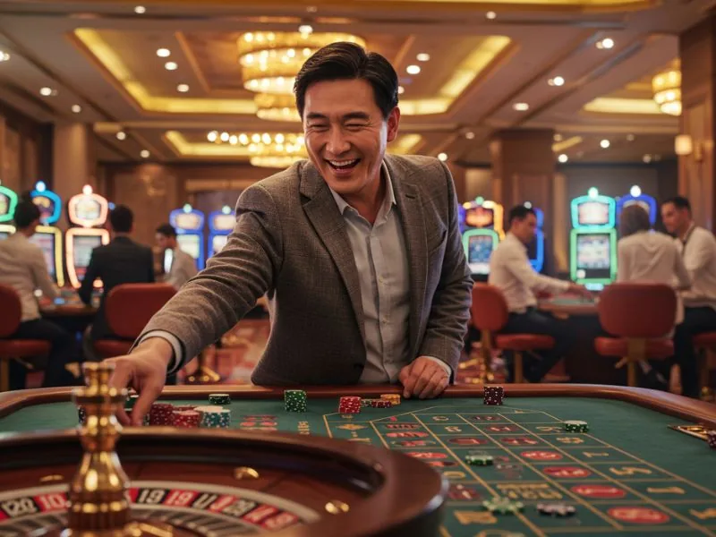 Happy man placing bets and enjoying games at ph365 online casino