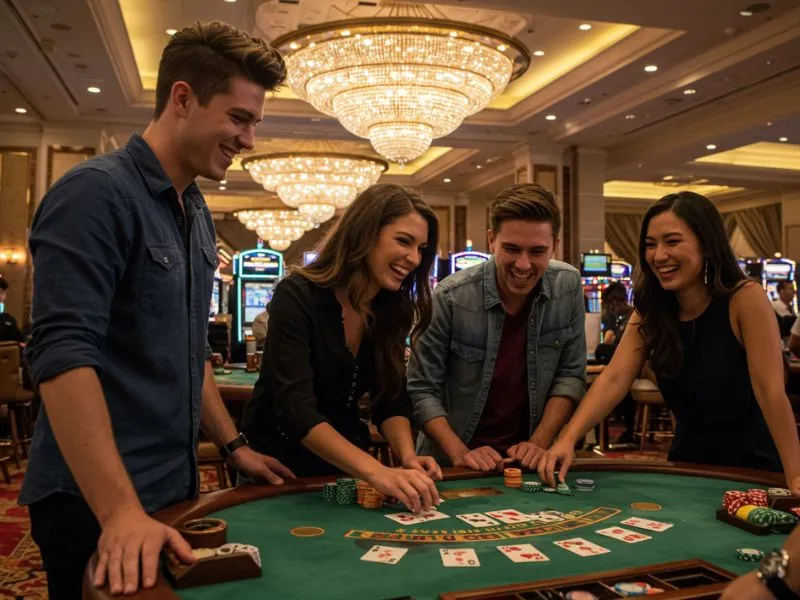 Couple enjoying a poker game after they phl63 online casino register, smiling and having fun.