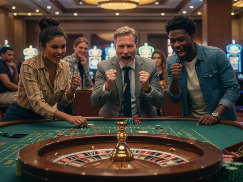 Old man and friends celebrating big wins after phl63 online casino login.