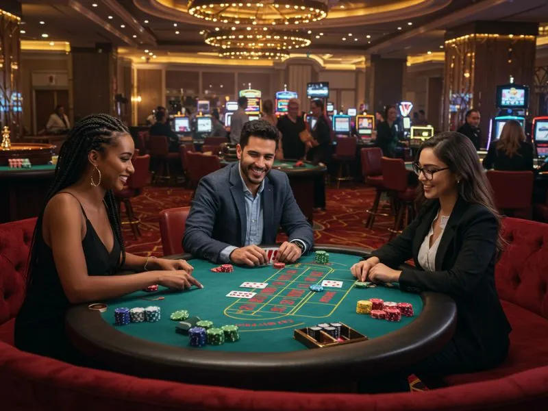 Friends playing poker at PNXBet Online Casino with excitement and laughter