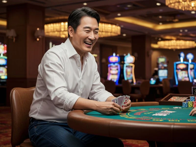 Happy man enjoying playing games at Solaire Online Casino