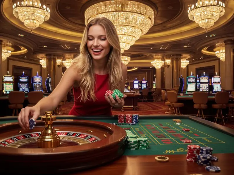 Happy woman making a bet while enjoying Solaire Online Casino games