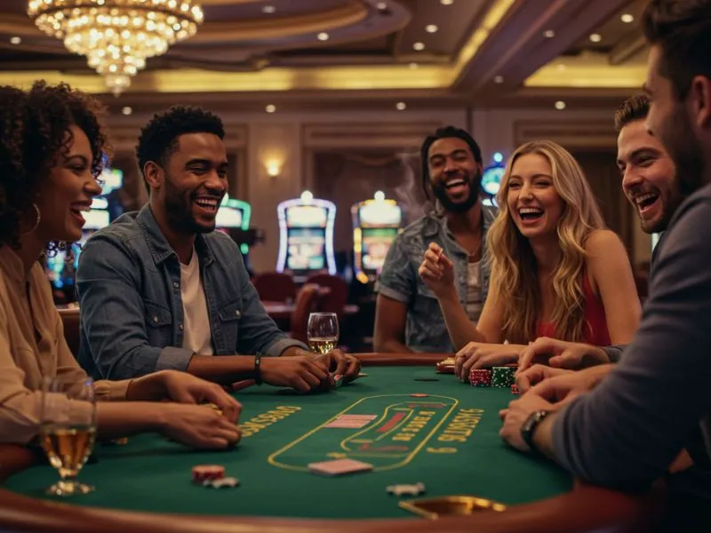 Friends laughing and enjoying poker at sw888 online casino.