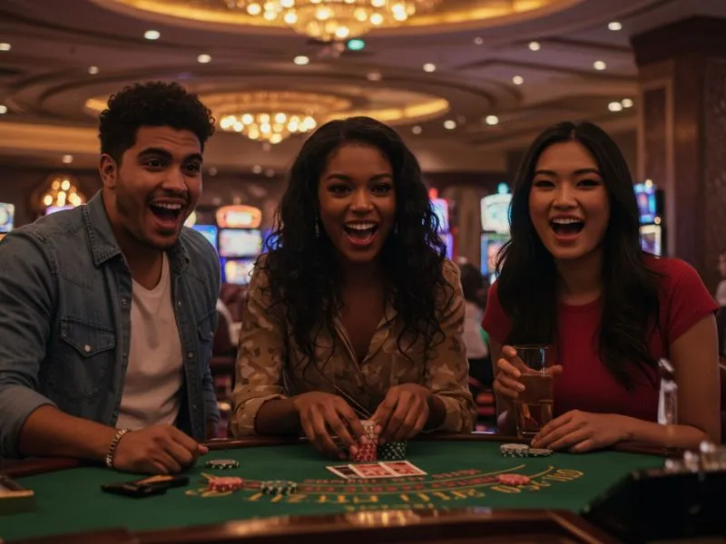 Friends celebrating big wins while playing at sw888 online casino.
