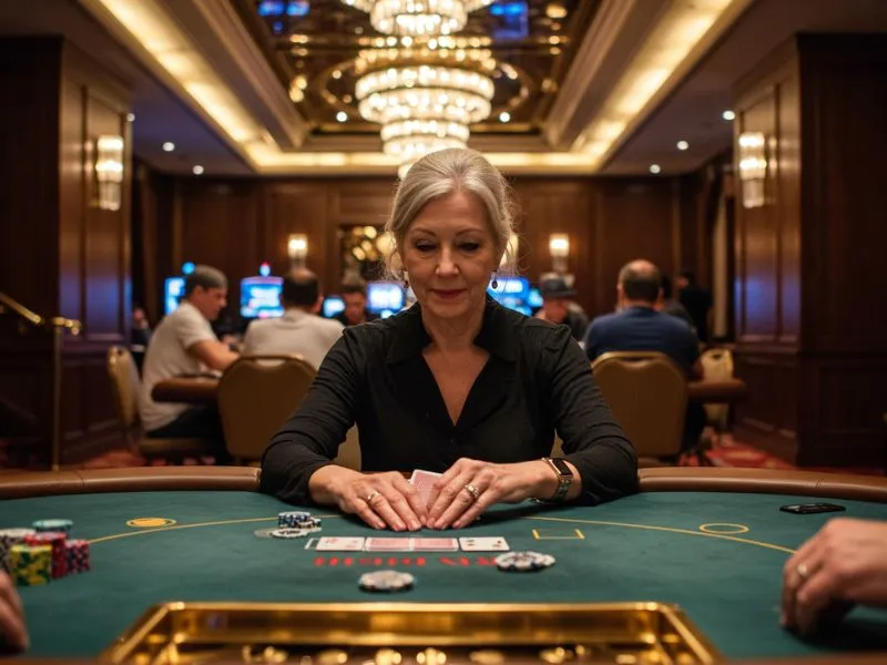 Old woman enjoying poker game at sw888 online casino platform.