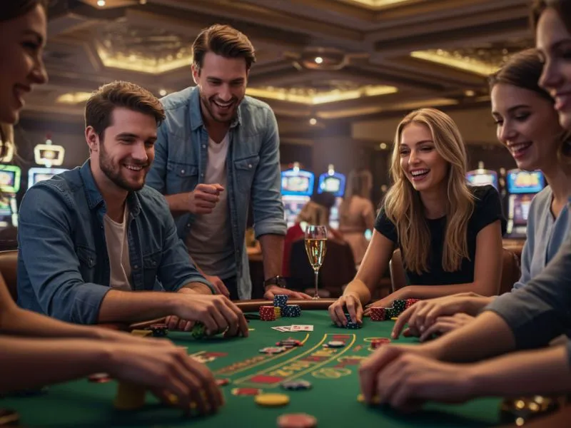 Friends laughing and playing together at Taya 777 Online Casino, enjoying exciting games and fun moments.