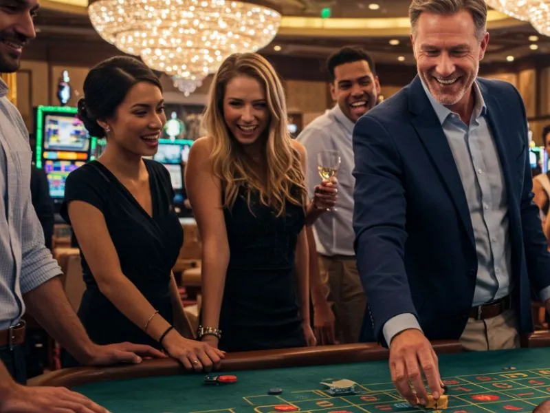 Group of girls cheering while a man plays at Taya 777 Online Casino.