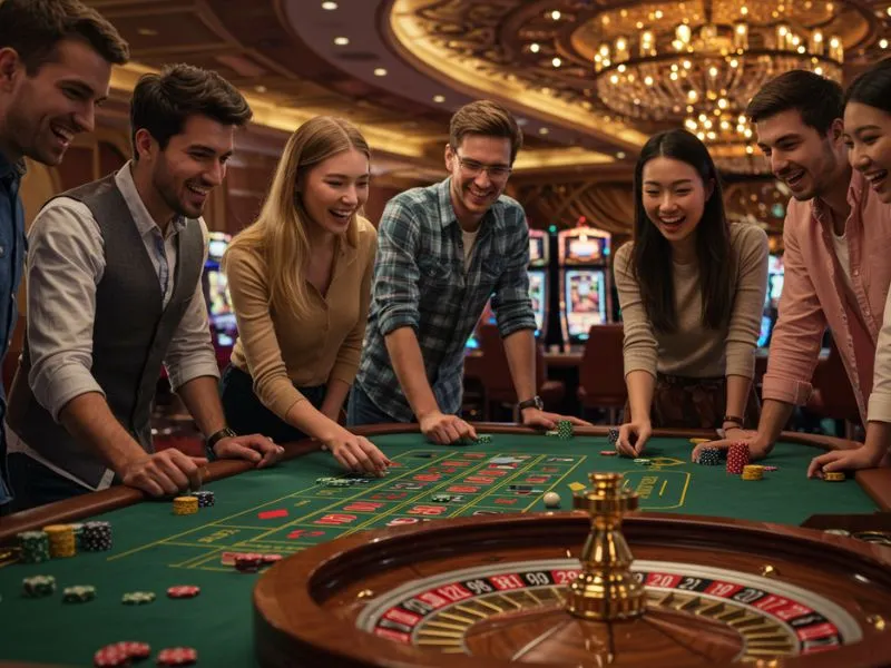 Group of friends enjoying roulette at Taya 777 Online Casino.