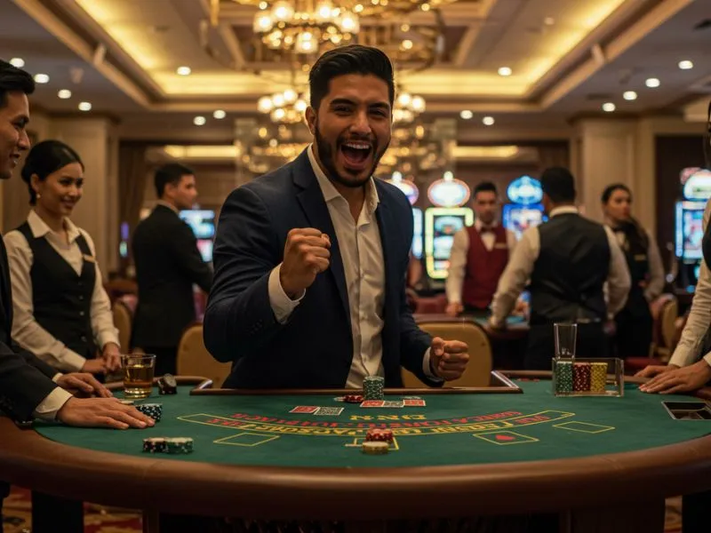 Man celebrating a big win at Taya 777 Online Casino after a thrilling game.