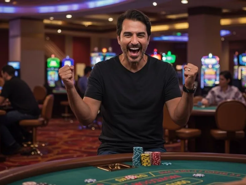 Man cheering excitedly at his poker win on 10 jill casino online platform