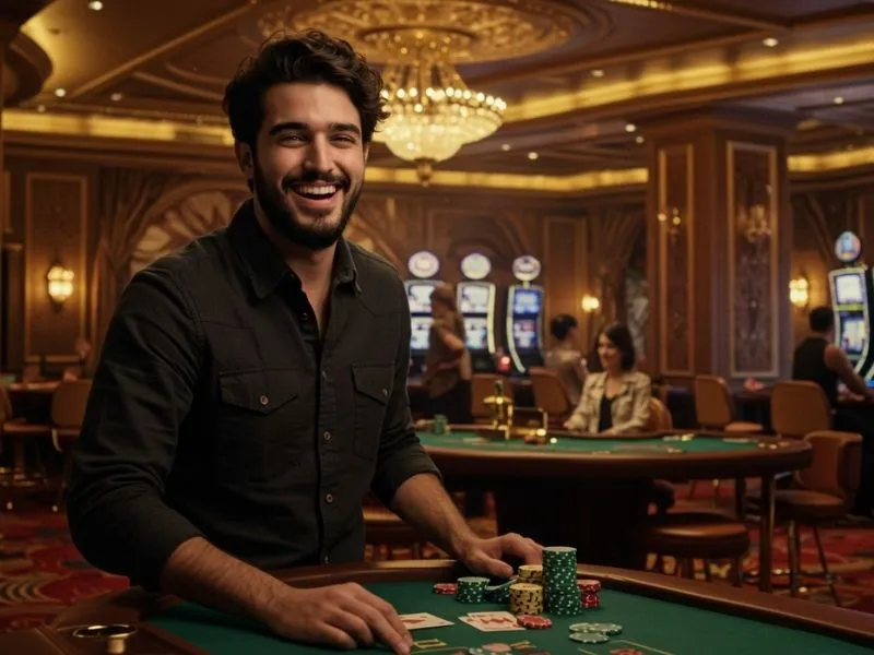 Man grinning with a stack of poker chips while playing at 10 jill casino online