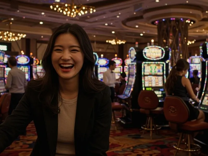 Woman happily watching the casino floor at 10 Jill Casino Online