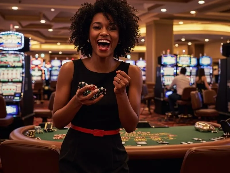 Smiling lady holding a reward in 188 JILI Casino, celebrating her win
