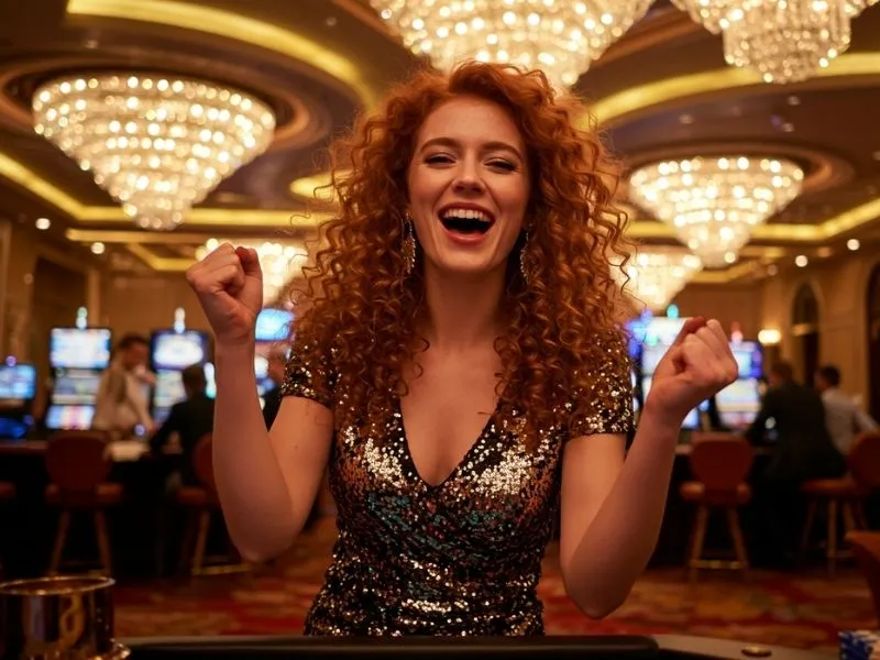 Woman cheering excitedly on the casino floor at 188 Jili Casino