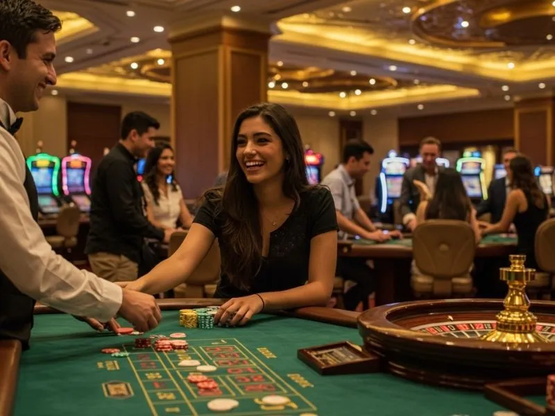 Smiling woman playing at a roulette table in 188 JILI Casino