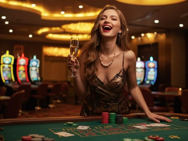 Joyful woman playing poker with chips at a 5557bet casino table