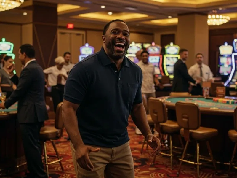 Man happily enjoying a lively casino night at 5557bet casino