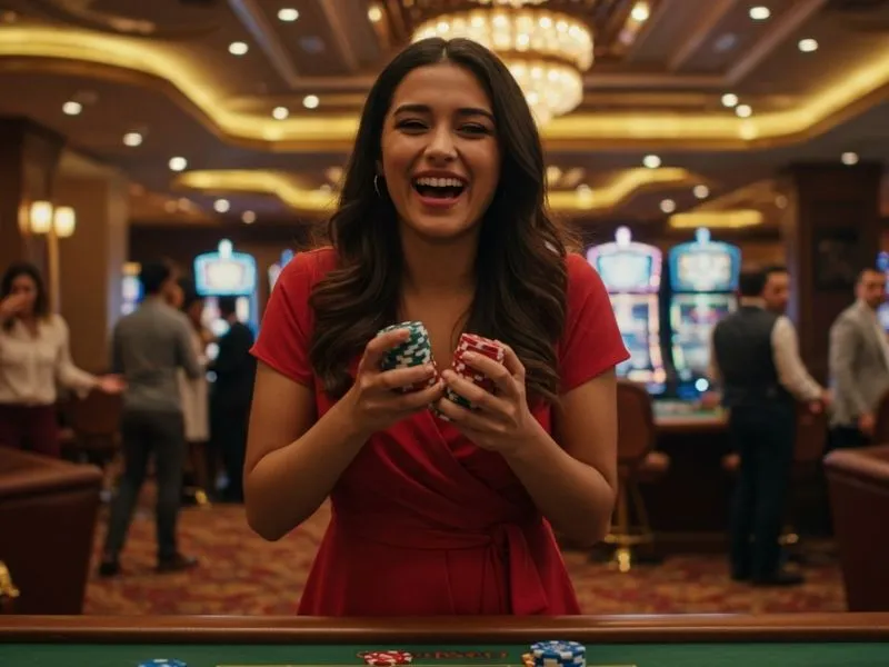 Winner happily holding a large stack of chips at 5557bet casino