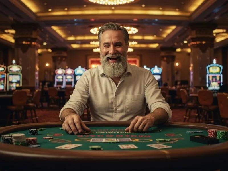 Happy player enjoying poker at 7game com legit online casino table