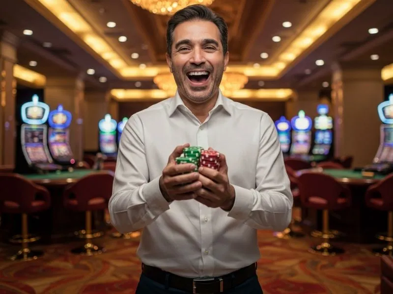 Happy man holding casino chips and smiling at 7game com legit online casino