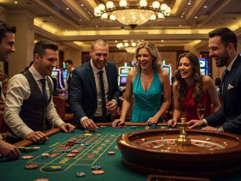 Smiling group enjoying roulette night at 7game com legit online casino