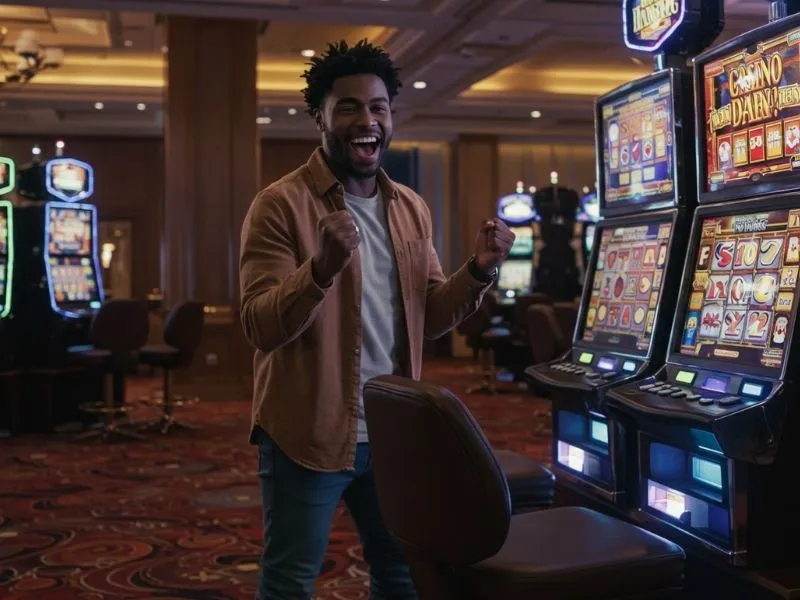 Man enjoying a slot game on the casino floor at 9s app online casino