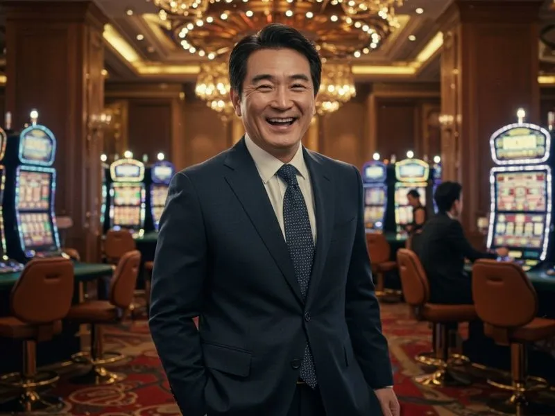Smiling man enjoying the casino floor while playing on the 9s app online casino