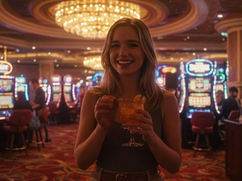 Smiling woman holding a drink while enjoying the 9s app online casino experience