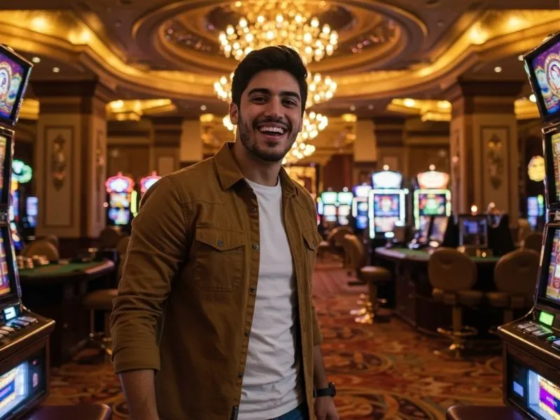 Happy player standing near a row of slot machines at a 9yc online casino login platform