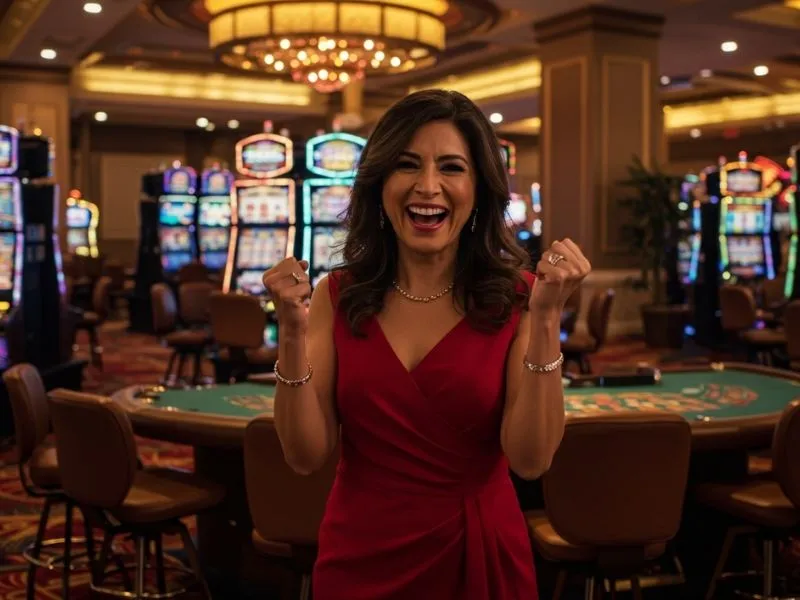 Lady happily enjoying a casino atmosphere after accessing 9yc online casino login