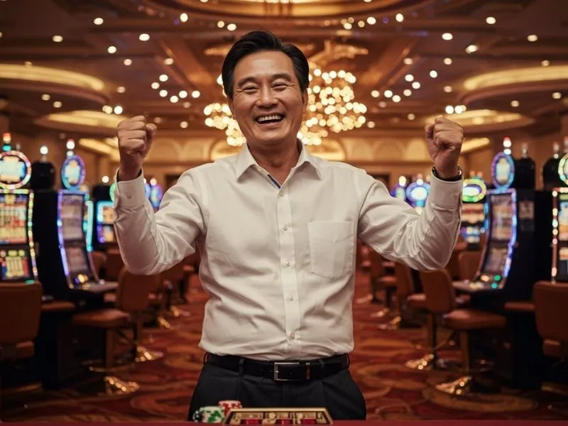 Man celebrating a big win at a casino after accessing 9yc online casino login