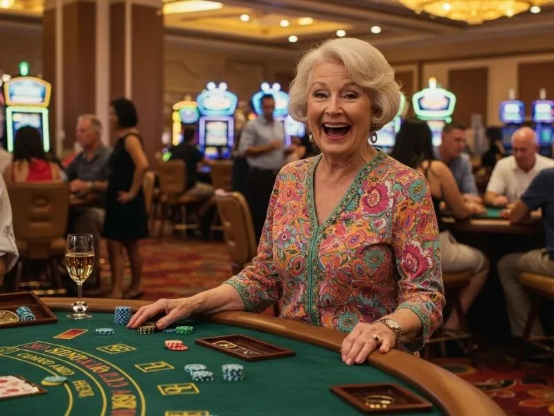 Elderly woman enjoying casino games on a computer with 9YC online casino login interface