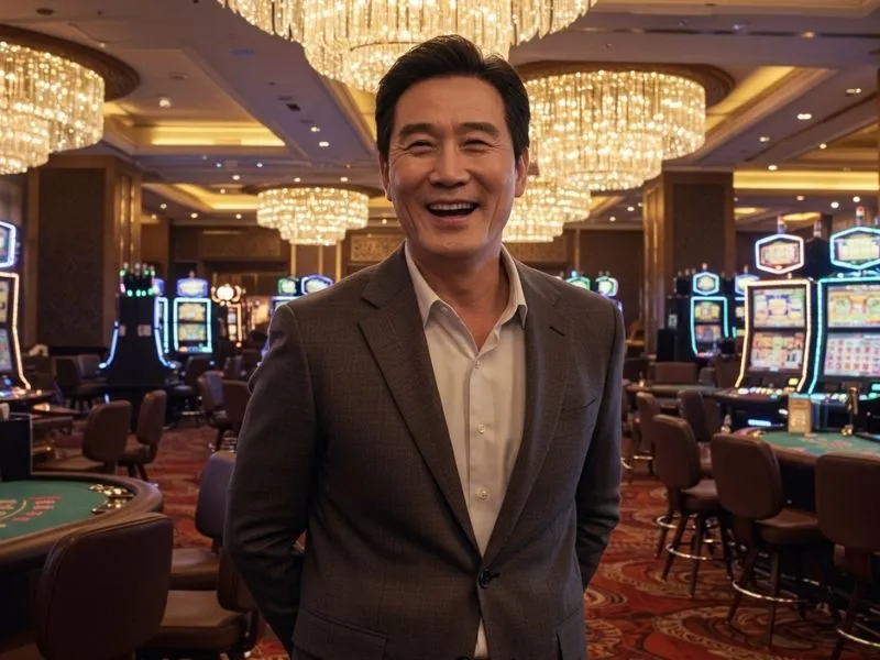 Man smiling and enjoying the casino ambiance with aaajl casino manny pacquiao theme