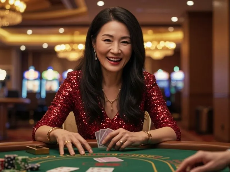Smiling woman holding a winning poker hand at a table in an aaajl casino manny pacquiao event