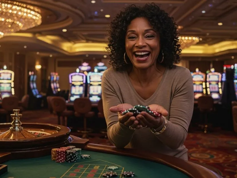 Woman holding casino chips with a huge smile at an AAJL Casino Manny Pacquiao event