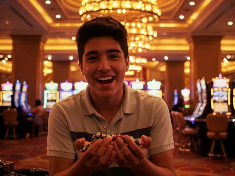 Young man celebrating a big casino win with excitement at an AAajl Casino Manny Pacquiao event