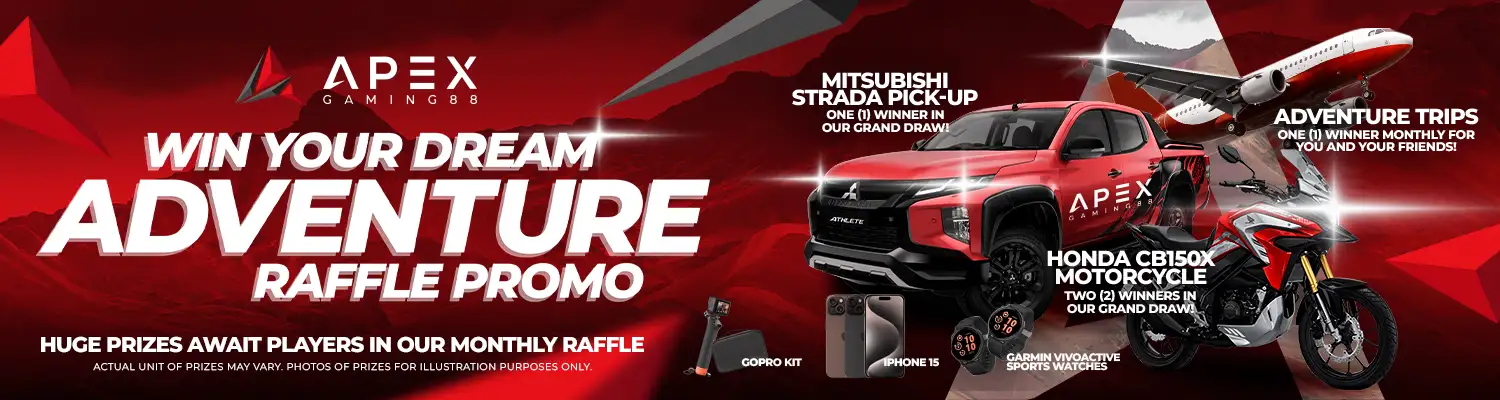 About us section of ApexGaming88 featuring an exciting adventure raffle promo